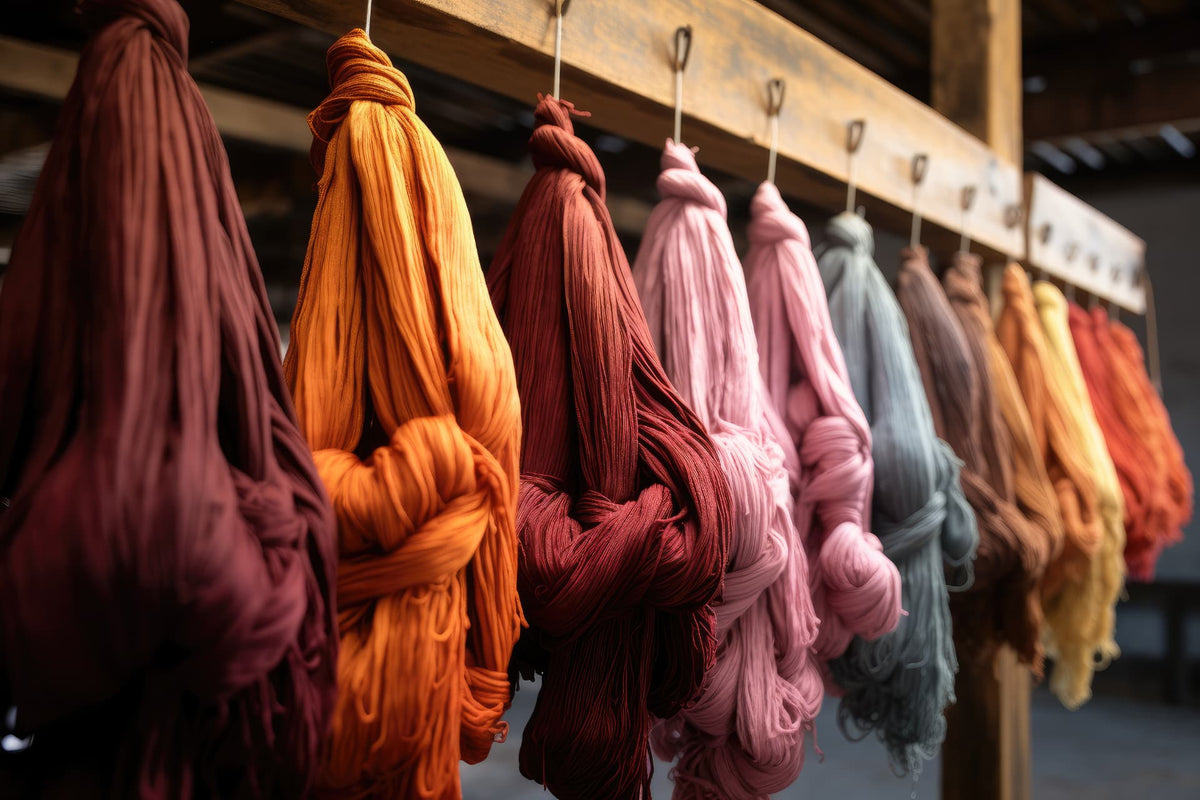 Matasse di seta colorata appese ad asciugare